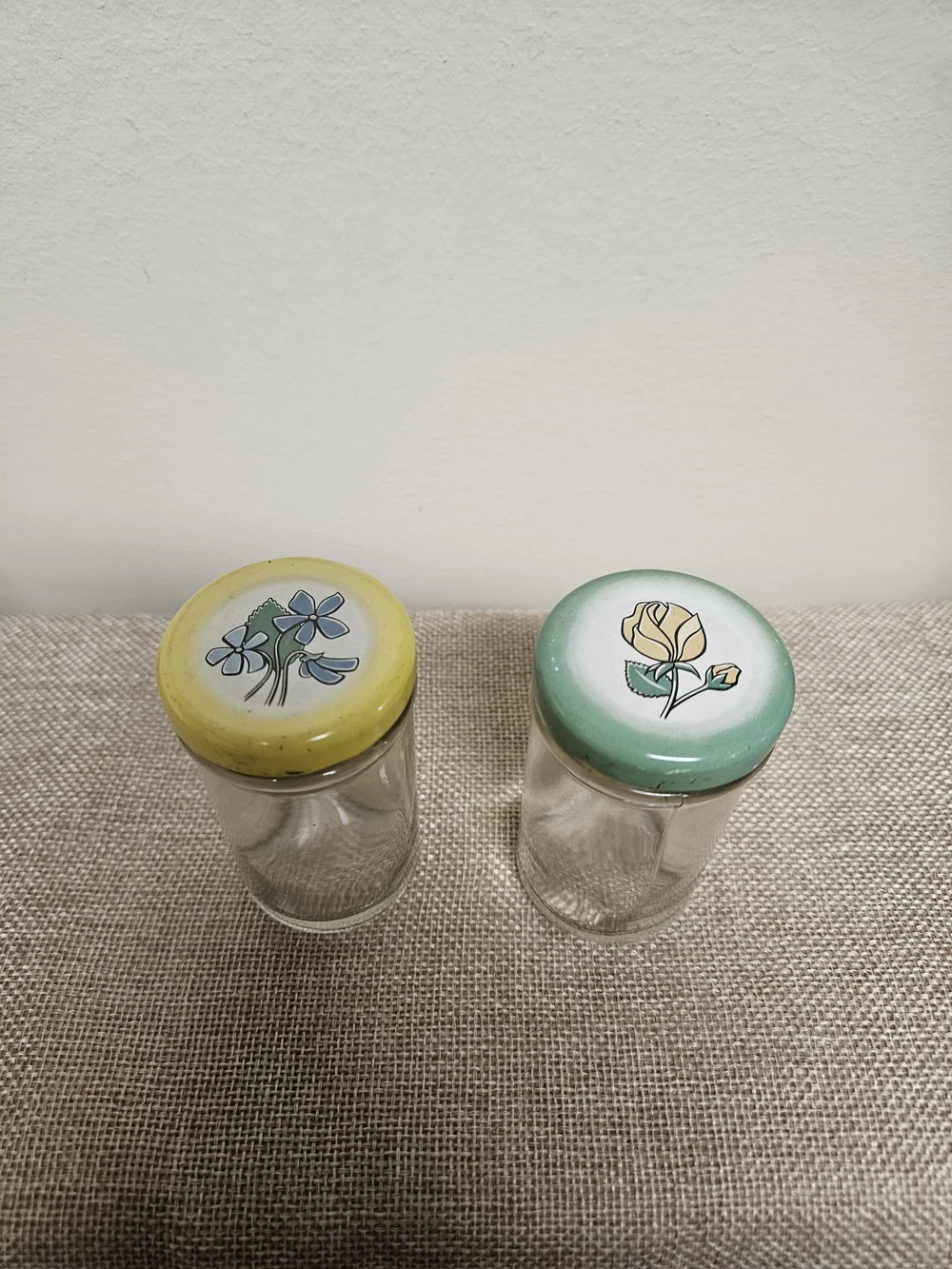 70s Mini Glass Spice Jars with Floral Lids - Set of 2